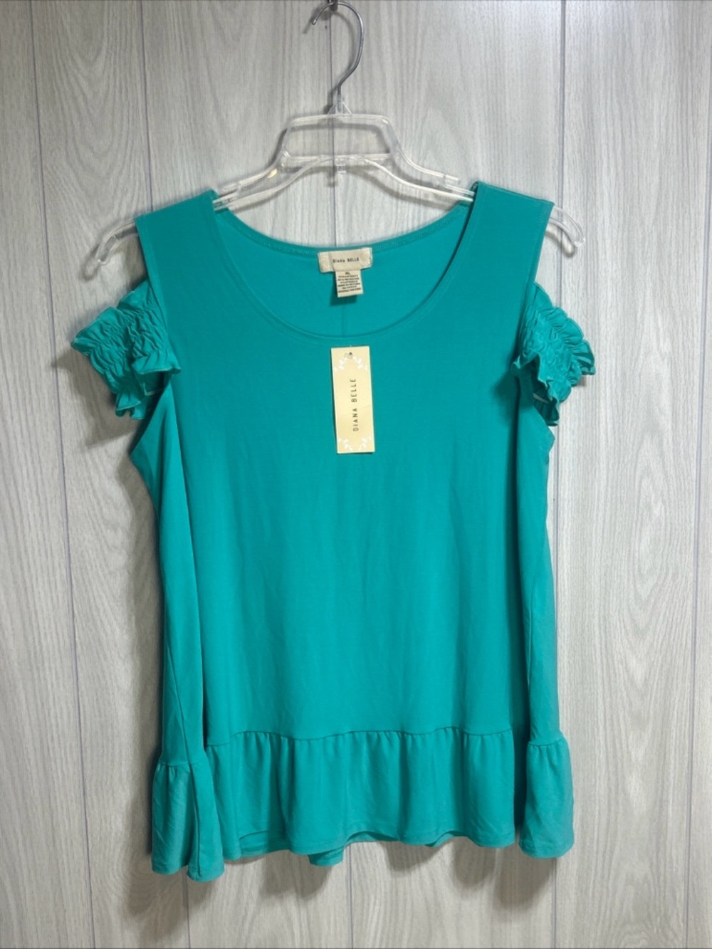 NWT Diana Belle Aqua Green Cold Shoulder Top With Ruffled Sleeves & Hem Size XL